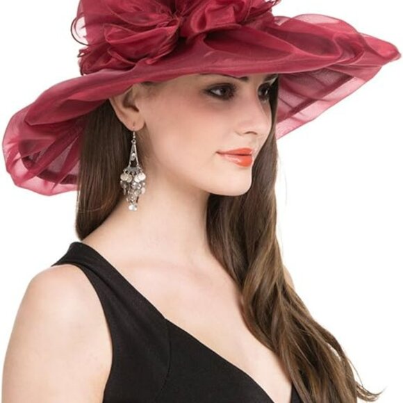 Large Derby Church Fashion Hat Bridal Tea Party Wedding Horse Statement Burgundy